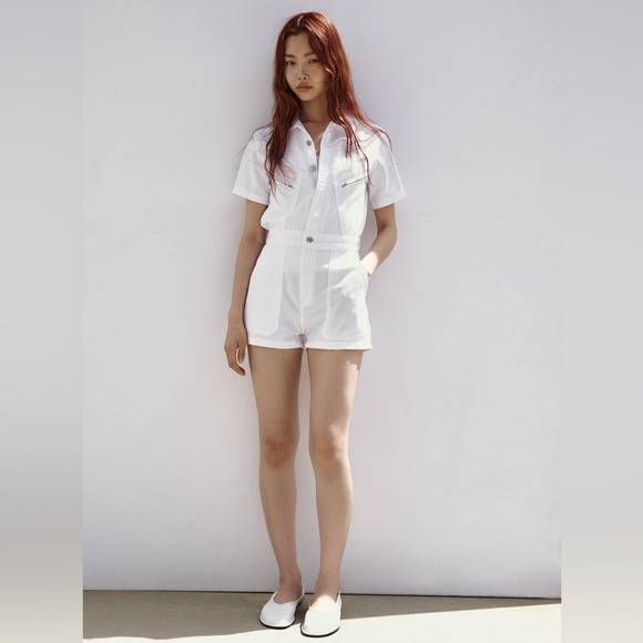 Zara Utility Romper Zip Up Short WHITE Size M NEW - Picture 2 of 5